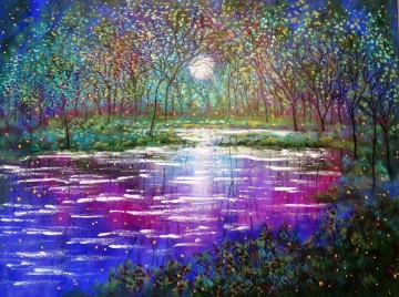  garten - Landschaft Frühlingsbäume See und Glühwürmchen Gartendekor Landschaft Wandkunst Naturlandschaft Textur